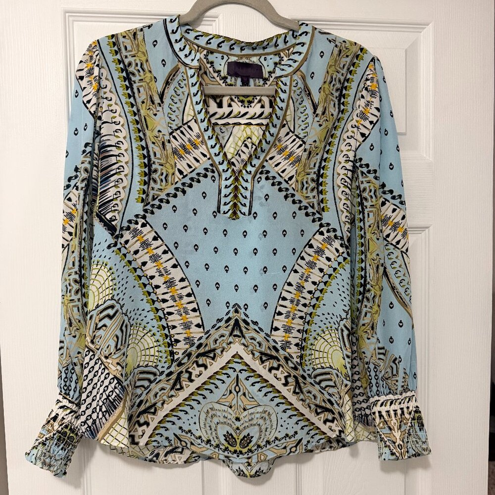 Hale Bob 100% Silk Printed V-Neck Luxury Silk Blouse - M